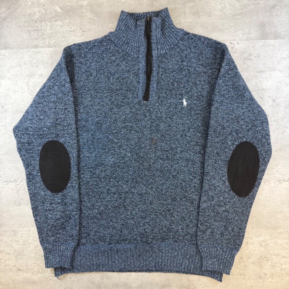 Polo Ralph Lauren‎ Mens 2XL Blue Marl Quarter Zip Sweater Elbow Patches Knit